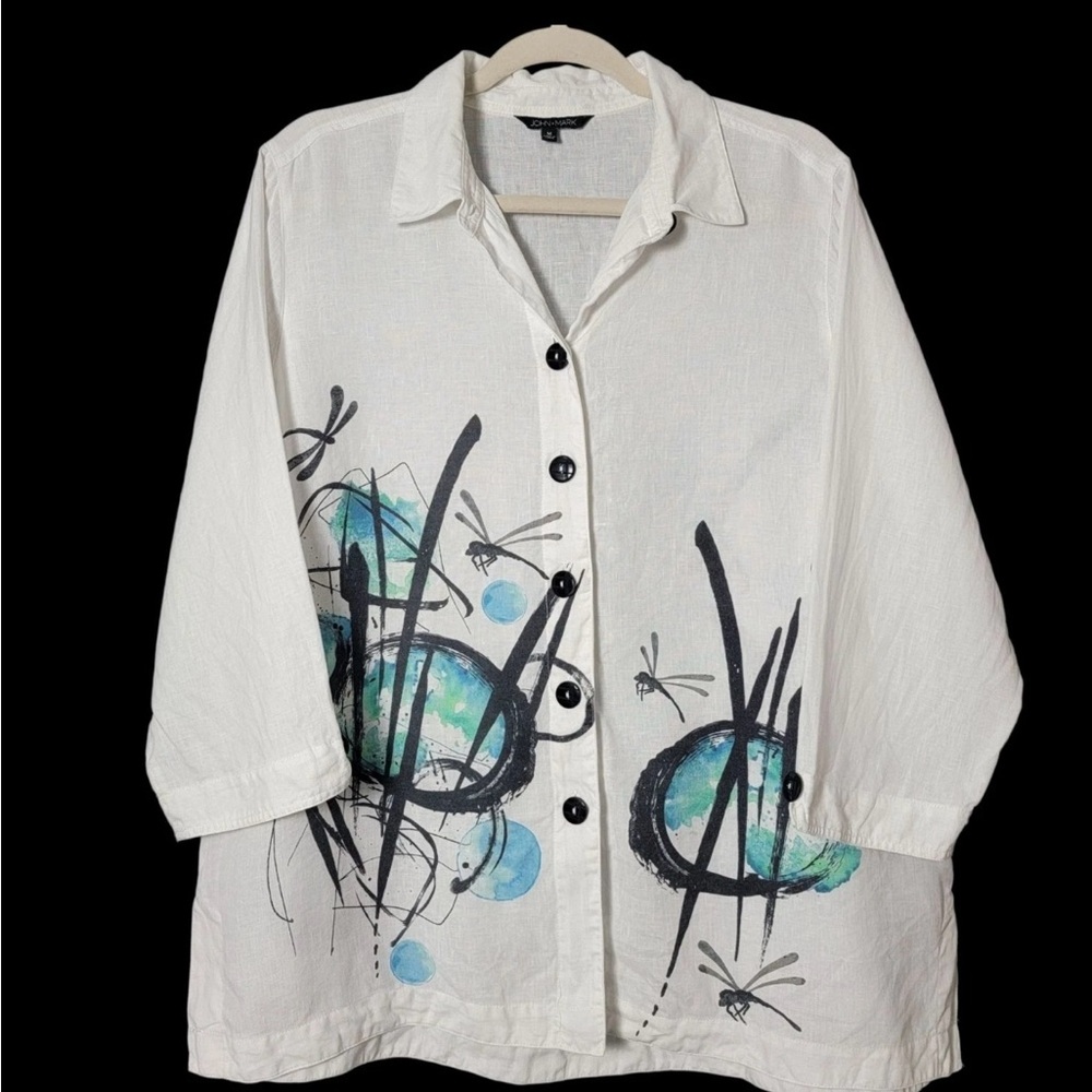 Citron Women’s White Linen Dragonfly Watercolor Button Up Top Size L